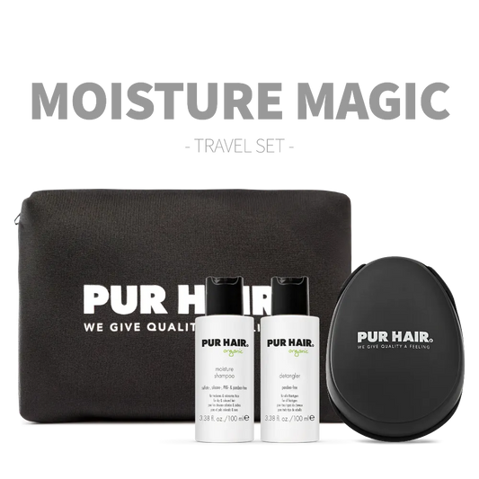 PUR HAIR Organic Travel Set Moisture mit Moisture Shampoo, Detangler, stylischer Kosmetiktasche und Detangler Brush – Moisture Magic