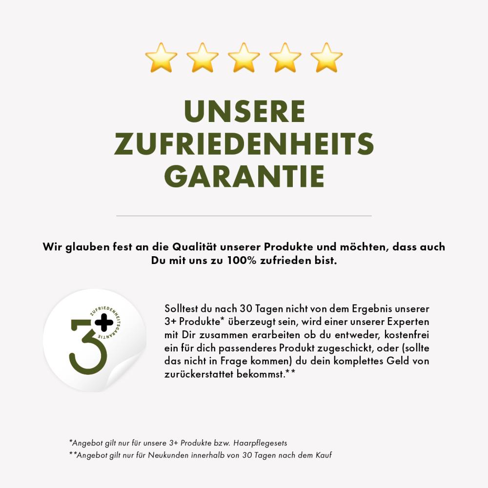 Grafik mit fünf goldenen Sternen und der Überschrift ‚Unsere Zufriedenheitsgarantie‘. Text erklärt Rückerstattung oder alternatives Produkt, falls Kund:innen nach 30 Tagen mit Haarpflegeprodukten nicht zufrieden sind