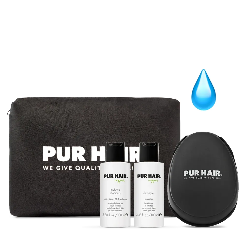 PUR HAIR Organic Travel Set Moisture mit Moisture Shampoo, Detangler, stylischer Kosmetiktasche und Detangler Brush – ideales Pflegeset für Reisen und Urlaub, Sommer-Edition mit Tropfensymbol