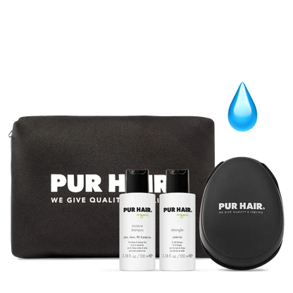 PUR HAIR Organic Travel Set Moisture mit Moisture Shampoo, Detangler, stylischer Kosmetiktasche und Detangler Brush – ideales Pflegeset für Reisen und Urlaub, Sommer-Edition mit Tropfensymbol