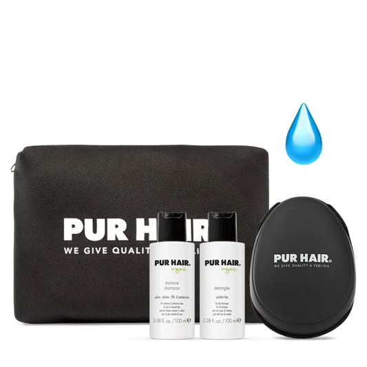 PUR HAIR Organic Travel Set Moisture mit Moisture Shampoo, Detangler, stylischer Kosmetiktasche und Detangler Brush – ideales Pflegeset für Reisen und Urlaub, Sommer-Edition mit Tropfensymbol