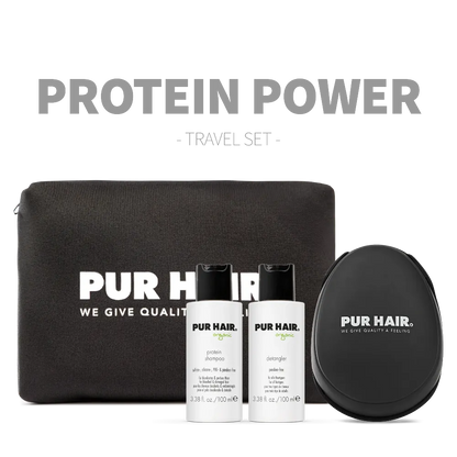 PUR HAIR Organic Travel Set Protein mit Protein Shampoo, Detangler, stylischer Kosmetiktasche und Detangler Brush – Protein Power