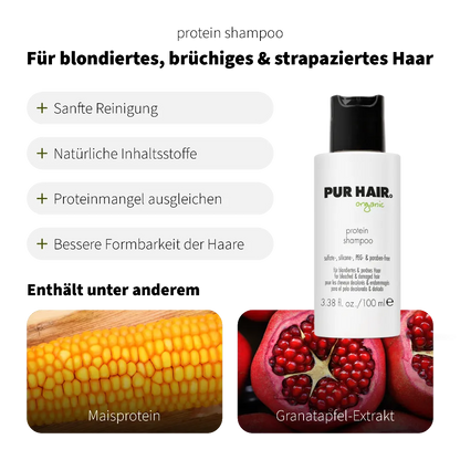 PUR HAIR Organic Protein Shampoo 100 ml – Shampoo mit natürlichem Maisprotein und Granatapfel-Extrakt. Allround-Shampoo für strapazierten Haartyp, sanfte Reinigung, natürliche Inhaltsstoffe, gleicht Proteinmangel aus, verbessert die Formbarkeit des Haars