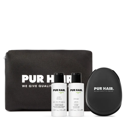 PUR HAIR Organic Travel Set Protein mit Protein Shampoo, Detangler, stylischer Kosmetiktasche und Detangler Brush – ideales Pflegeset für Reisen und Urlaub