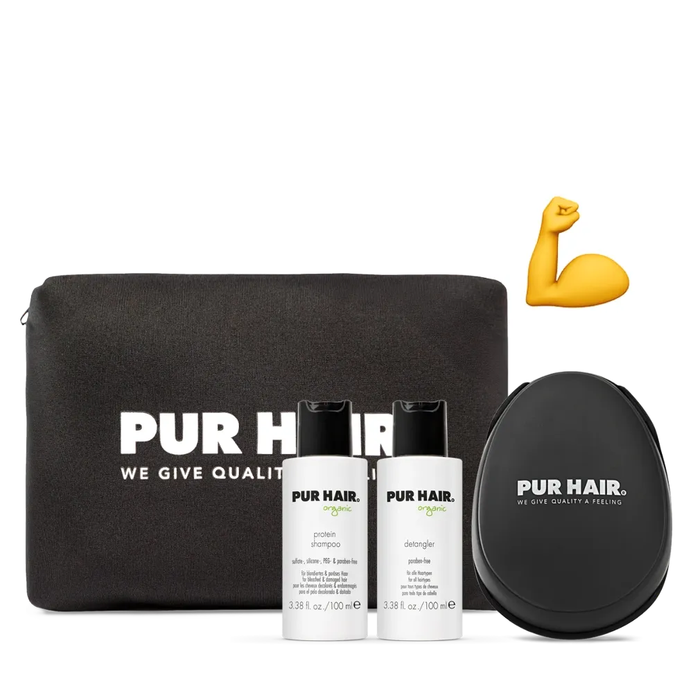 PUR HAIR Organic Travel Set Protein mit Protein Shampoo, Detangler, stylischer Kosmetiktasche und Detangler Brush – ideales Pflegeset für Reisen und Urlaub, Sommer-Edition mit Stärkesymbol