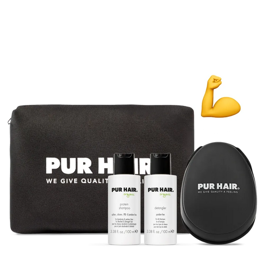 PUR HAIR Organic Travel Set Protein mit Protein Shampoo, Detangler, stylischer Kosmetiktasche und Detangler Brush – ideales Pflegeset für Reisen und Urlaub, Sommer-Edition mit Stärkesymbol