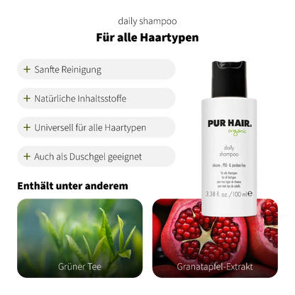 PUR HAIR Organic Daily Shampoo 100 ml – Shampoo mit natürlichem Macadamia Öl und Kaktusfeigenextrakt. Allround-Shampoo für jeden Haartyp, sanfte Reinigung, natürliche Inhaltsstoffe, für die tägliche Haarwäsche, auch als Duschgel geeignet