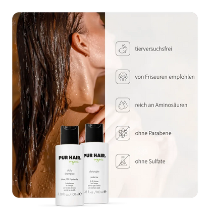 PUR HAIR Organic Travel Set Daily mit Daily Shampoo (100 ml) und Detangler (100 ml) – tierversuchsfrei, sulfatfrei, parabenfrei und reich an Aminosäuren, von Friseuren empfohlen. Perfekt für Reisen