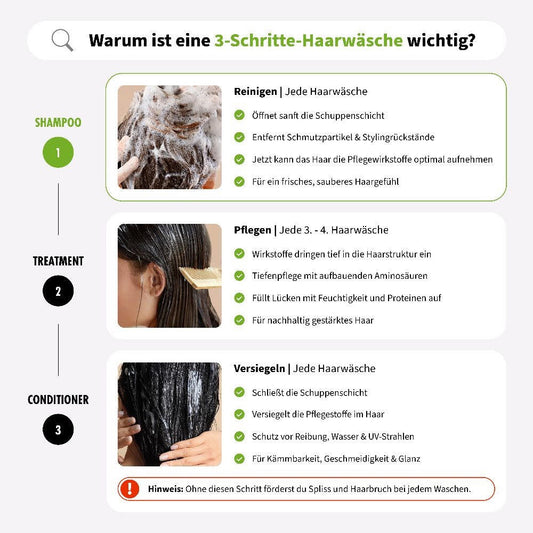 Infografik 3-Schritte-Haarwäsche: Schritt 1 Shampoo reinigt und öffnet die Schuppenschicht, Schritt 2 Treatment pflegt mit Aminosäuren und Proteinen, Schritt 3 Conditioner versiegelt und schützt vor Spliss, Reibung und UV-Strahlen