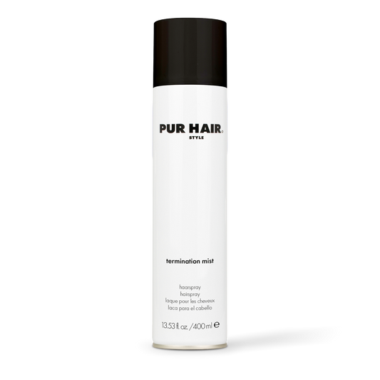 PUR HAIR Termination Mist Haarspray in weißer 400-ml-Spraydose mit schwarzem Deckel