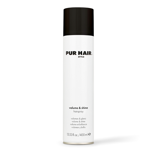 PUR HAIR Volume & Shine Haarspray in weißer 400-ml-Spraydose mit schwarzem Deckel