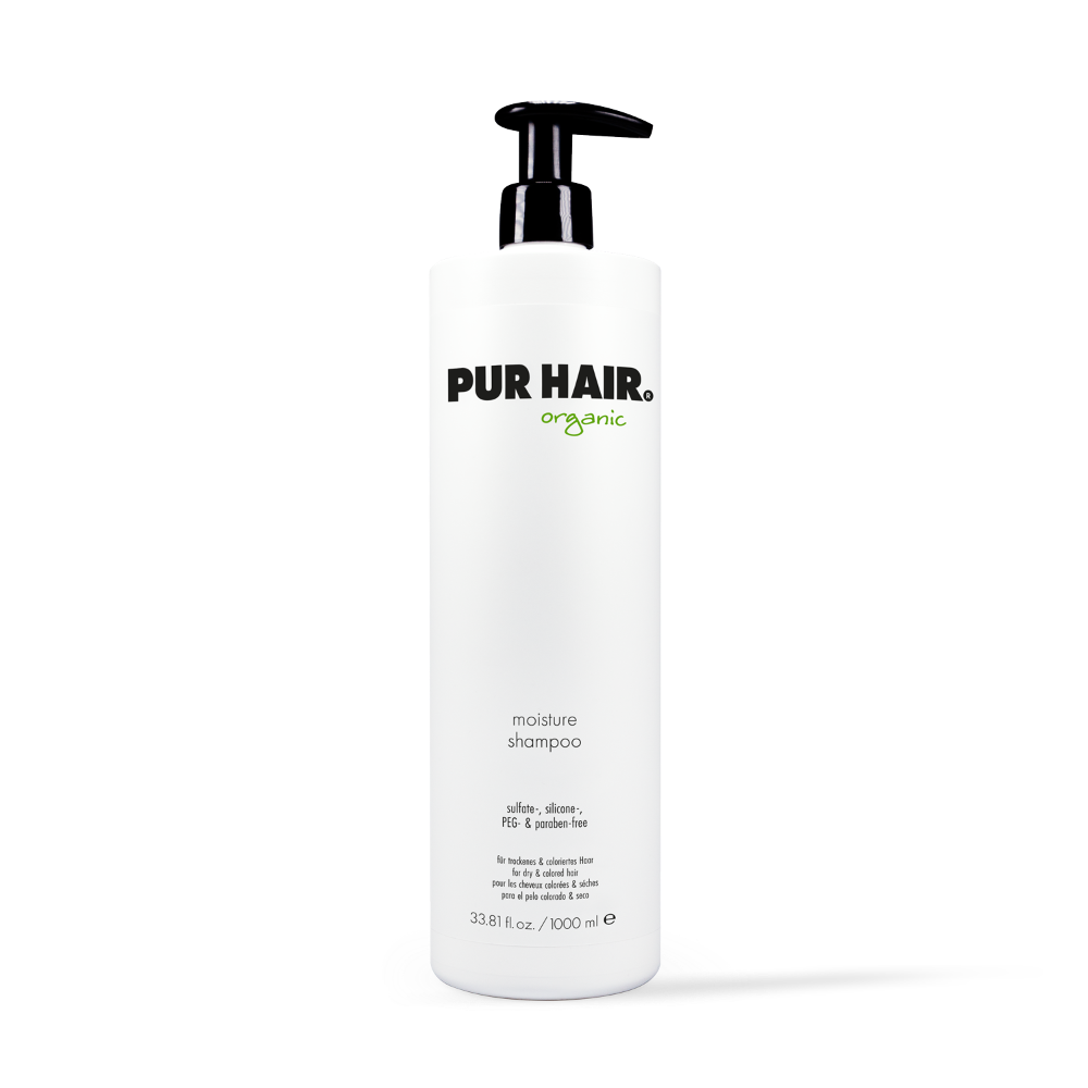 PUR HAIR Organic Moisture Shampoo, 1000 ml Flasche in Weiß mit schwarzem Pumpspender