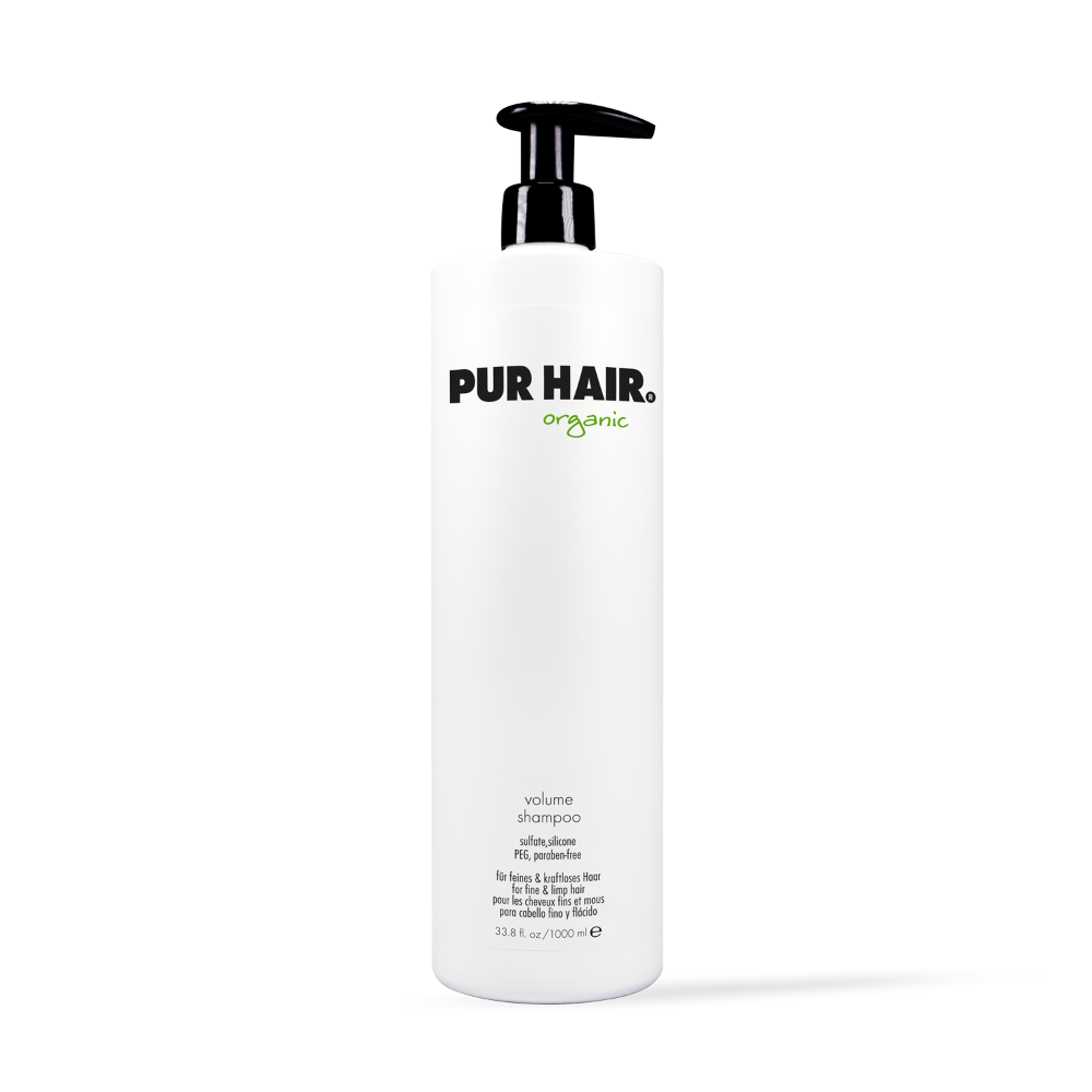 PUR HAIR Organic Volume Shampoo, 1000 ml Flasche in Weiß mit schwarzem Pumpspender