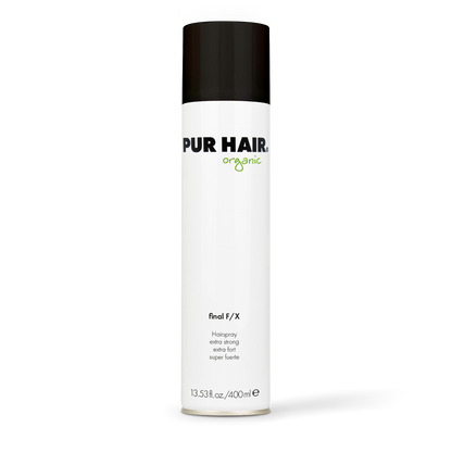 PUR HAIR Organic Final F/X Haarspray in weißer 400-ml-Spraydose mit schwarzem Deckel, extra starker Halt