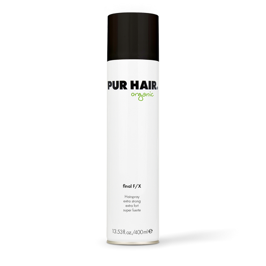 PUR HAIR Organic Final F/X Haarspray in weißer 400-ml-Spraydose mit schwarzem Deckel, extra starker Halt