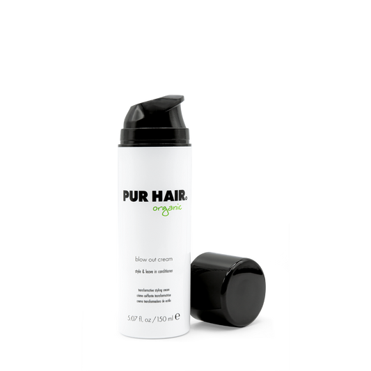 PUR HAIR Organic Blow Out Cream Föhncreme in weißer 150-ml-Dose mit schwarzem Dispender