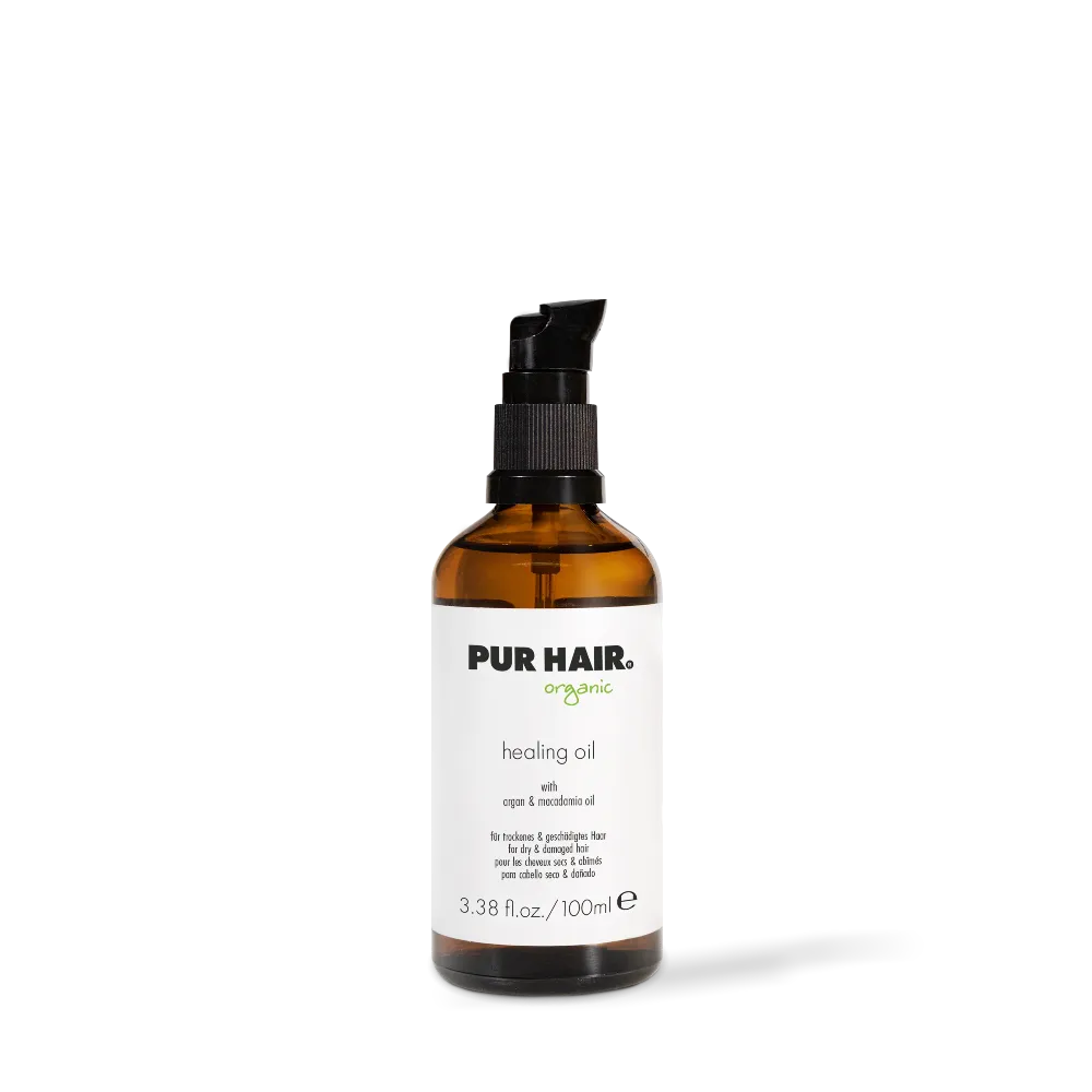 PUR HAIR Organic Healing Oil freigestellt – reparierendes Haaröl mit Argan- und Macadamiaöl für trockenes und strapaziertes Haar.