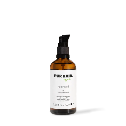 PUR HAIR Organic Healing Oil freigestellt – reparierendes Haaröl mit Argan- und Macadamiaöl für trockenes und strapaziertes Haar.
