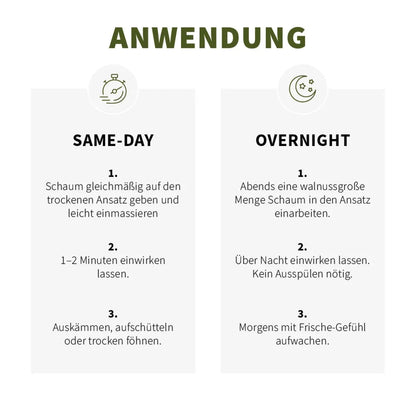 PUR HAIR Dry Foam, Trockenshampoo in Schaum.Anwendung – Anleitung für Same-Day Styling und Overnight Pflege: Schaum einmassieren, einwirken lassen, auskämmen oder über Nacht wirken lassen, 