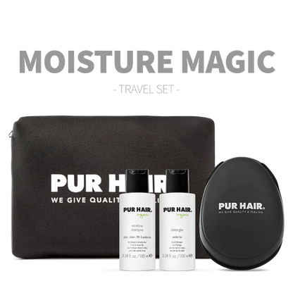 PUR HAIR Organic Travel Set Moisture mit Moisture Shampoo, Detangler, stylischer Kosmetiktasche und Detangler Brush – Moisture Magic
