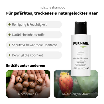 PUR HAIR Organic Moisture Shampoo 100 ml – Shampoo mit natürlichem Macadamia Öl und Kaktusfeigenextrakt. Allround-Shampoo für jeden Haartyp, Reinigung und Feuchtigkeit, natürliche Inhaltsstoffe, schützt die Haarfarbe, beruhigt die Kopfhaut