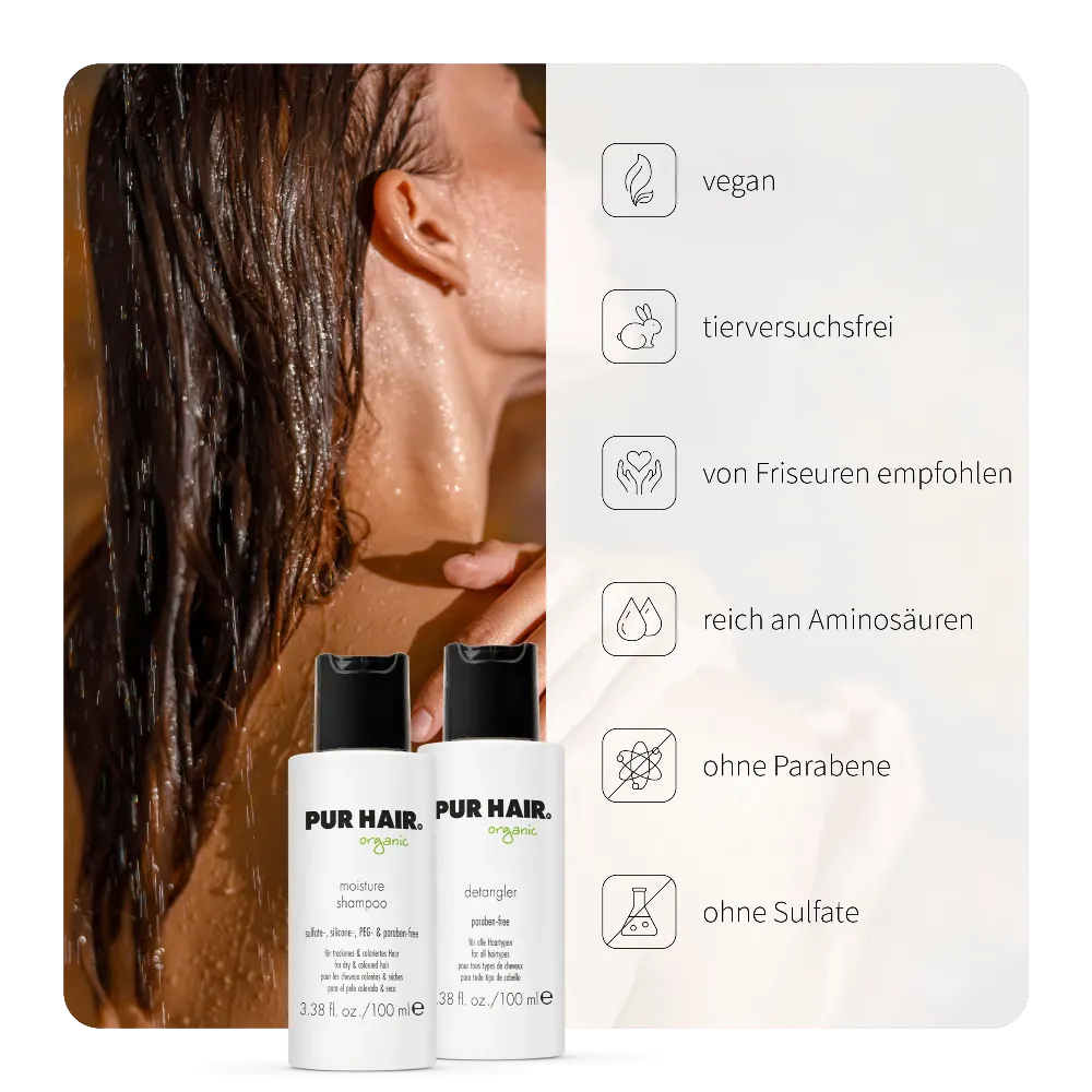 PUR HAIR Organic Travel Set Moisture mit Moisture Shampoo (100 ml) und Detangler (100 ml) – tierversuchsfrei, sulfatfrei, parabenfrei und reich an Aminosäuren, von Friseuren empfohlen. Perfekt für Reisen