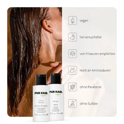 PUR HAIR Organic Travel Set Moisture mit Moisture Shampoo (100 ml) und Detangler (100 ml) – tierversuchsfrei, sulfatfrei, parabenfrei und reich an Aminosäuren, von Friseuren empfohlen. Perfekt für Reisen