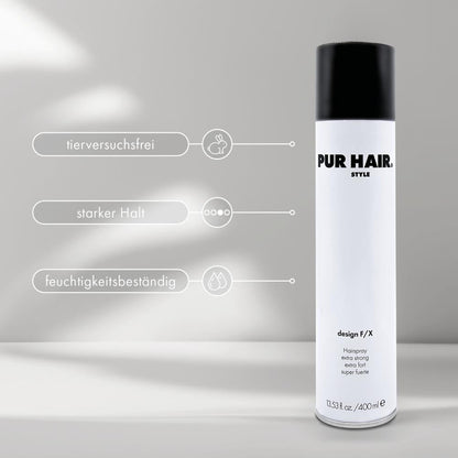 PUR HAIR Style Design F/X Haarspray in 400 ml Dose – extra starker Halt, feuchtigkeitsbeständig und tierversuchsfrei, Produktabbildung mit Icons