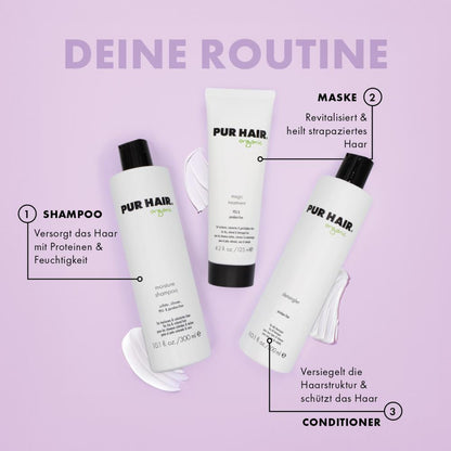 PUR HAIR Organic Haarpflegeroutine mit drei Produkten: Shampoo für Proteine und Feuchtigkeit, Maske zur Revitalisierung und Heilung strapazierten Haars, Conditioner zum Versiegeln der Haarstruktur und Schutz. Präsentiert auf lila Hintergrund mit Produktbeschriftungen