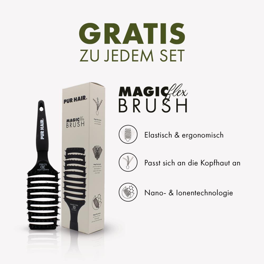Gratis PUR HAIR Magic Flex Brush zu jedem Set. Abgebildet ist die schwarze Haarbürste mit Verpackung. Text hebt Vorteile hervor: elastisch & ergonomisch, passt sich der Kopfhaut an, Nano- & Ionentechnologie