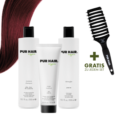 PUR HAIR Organic Haarpflegeset für gefärbtes, strohiges Haar: Detangler 300 ml, Moisture Shampoo 300 ml und Magic Treatment 125 ml, inklusive gratis Haarbürste