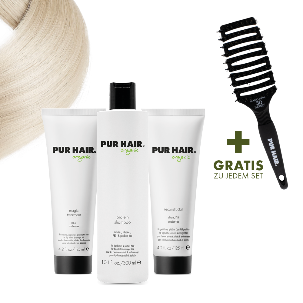 PUR HAIR Organic Pflegeset für blondiertes, brüchiges Haar, mit Moisture Shampoo 300 ml, Magic Treatment 125 ml, Reconstructor 125 ml und gratis Magic Flex Brush