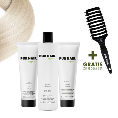 PUR HAIR Organic Pflegeset für blondiertes, brüchiges Haar, mit Moisture Shampoo 300 ml, Magic Treatment 125 ml, Reconstructor 125 ml und gratis Magic Flex Brush