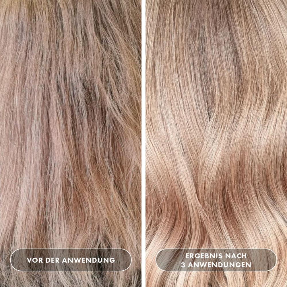 Vorher-Nachher-Vergleich blondiertes, brüchiges Haar: links trocken, stumpf und strapaziert vor der Anwendung, rechts nach 3 Anwendungen sichtbar gestärkt, geschmeidig, glänzend und gesund aussehend