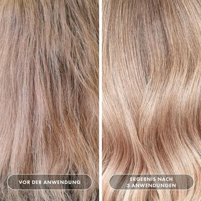 Vorher-Nachher-Vergleich blondiertes, brüchiges Haar: links trocken, stumpf und strapaziert vor der Anwendung, rechts nach 3 Anwendungen sichtbar gestärkt, geschmeidig, glänzend und gesund aussehend