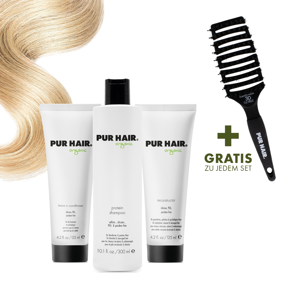 PUR HAIR Organic Pflegeset für blondiertes Haar, mit Protein Shampoo 300 ml, Leave in Conditioner 125 ml, Reconstructor 125 ml und gratis Magic Flex Brush