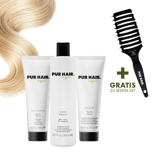 PUR HAIR Organic Pflegeset für blondiertes Haar, mit Protein Shampoo 300 ml, Leave in Conditioner 125 ml, Reconstructor 125 ml und gratis Magic Flex Brush