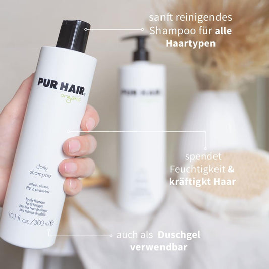 PUR HAIR Organic Daily Shampoo 300 ml – silikon- und sulfatfreies Shampoo, kräftigt das Haar und spendet Feuchtigkeit, auch als Duschgel verwendbar