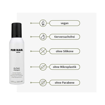 PUR HAIR Style Dry Foam Shampoo – weiße Flasche mit schwarzem Deckel, daneben Icons mit Produktvorteilen: vegan, tierversuchsfrei, ohne Silikone, ohne Mikroplastik, ohne Parabene