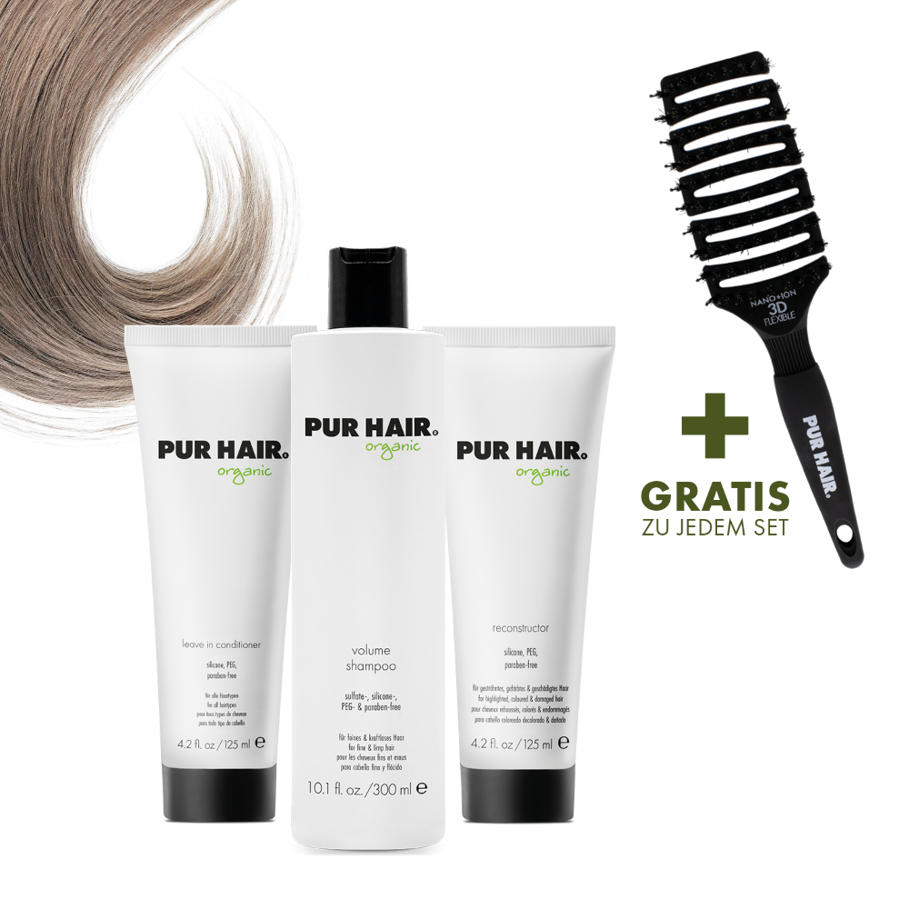 PUR HAIR Organic Pflegeset für feines, kraftloses Haar, mit Volume Shampoo 300 ml, Leave in Conditioner 125 ml, Reconstructor 125 ml und gratis Magic Flex Brush