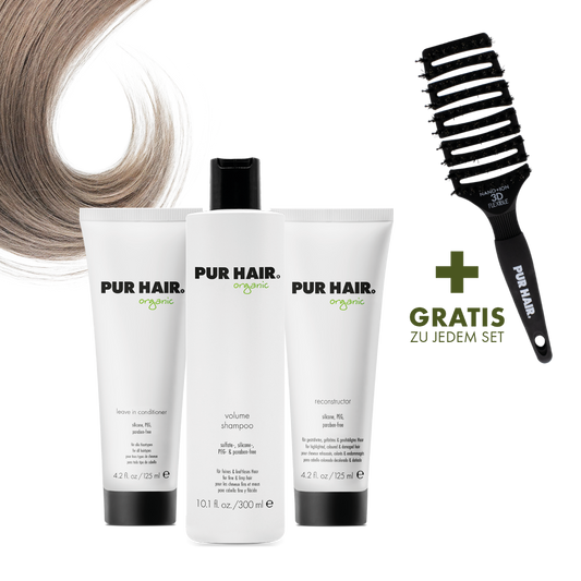 PUR HAIR Organic Pflegeset für feines, kraftloses Haar, mit Volume Shampoo 300 ml, Leave in Conditioner 125 ml, Reconstructor 125 ml und gratis Magic Flex Brush