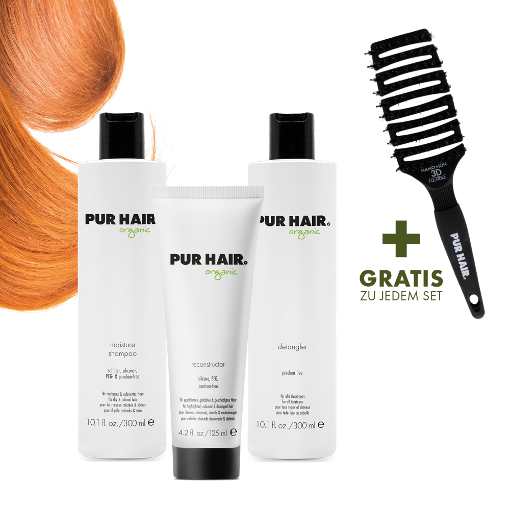 PUR HAIR Organic Pflegeset für gefärbtes, schwaches Haar, mit Moisture Shampoo 300 ml, Detangler 
300 ml, Reconstructor 125 ml und gratis Magic Flex Brush