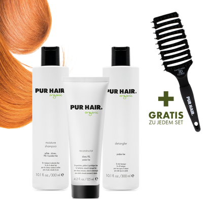 PUR HAIR Organic Pflegeset für gefärbtes, schwaches Haar, mit Moisture Shampoo 300 ml, Detangler 
300 ml, Reconstructor 125 ml und gratis Magic Flex Brush