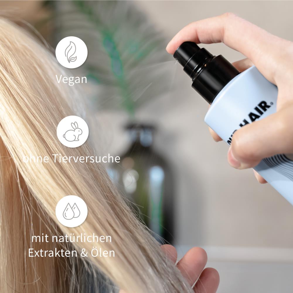 Hand sprüht PUR HAIR Magic Keratin K-Balm Spray, Produktmerkmale: ohne Sulfate, ohne Tierversuche mit natürlichen Extrakten & Ölen