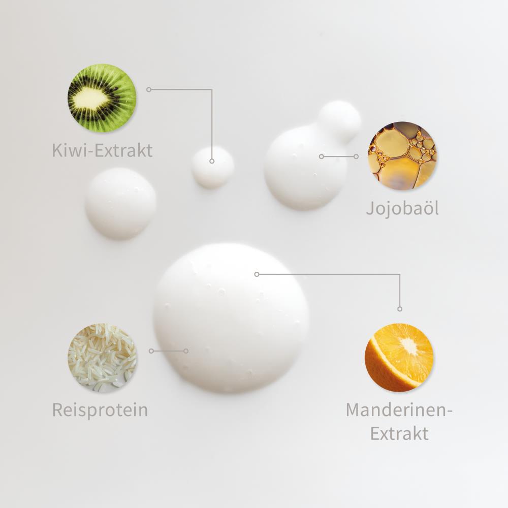 PUR HAIR Inhaltsstoffe: Nahaufnahme von weißen Pflege-Texturen mit markierten Wirkstoffen Kiwi-Extrakt, Jojobaöl, Reisprotein und Mandarinen-Extrakt, die in den Haarprodukten verwendet werden