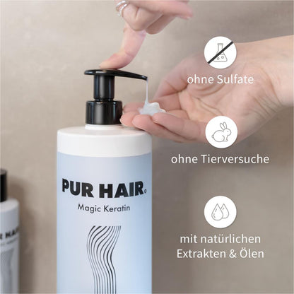 Finger Pumpt weiße Maske aus PUR HAIR Magic Keratin Flasche, Produktmerkmale: ohne Sulfate, ohne Tierversuche mit natürlichen Extrakten & Ölen