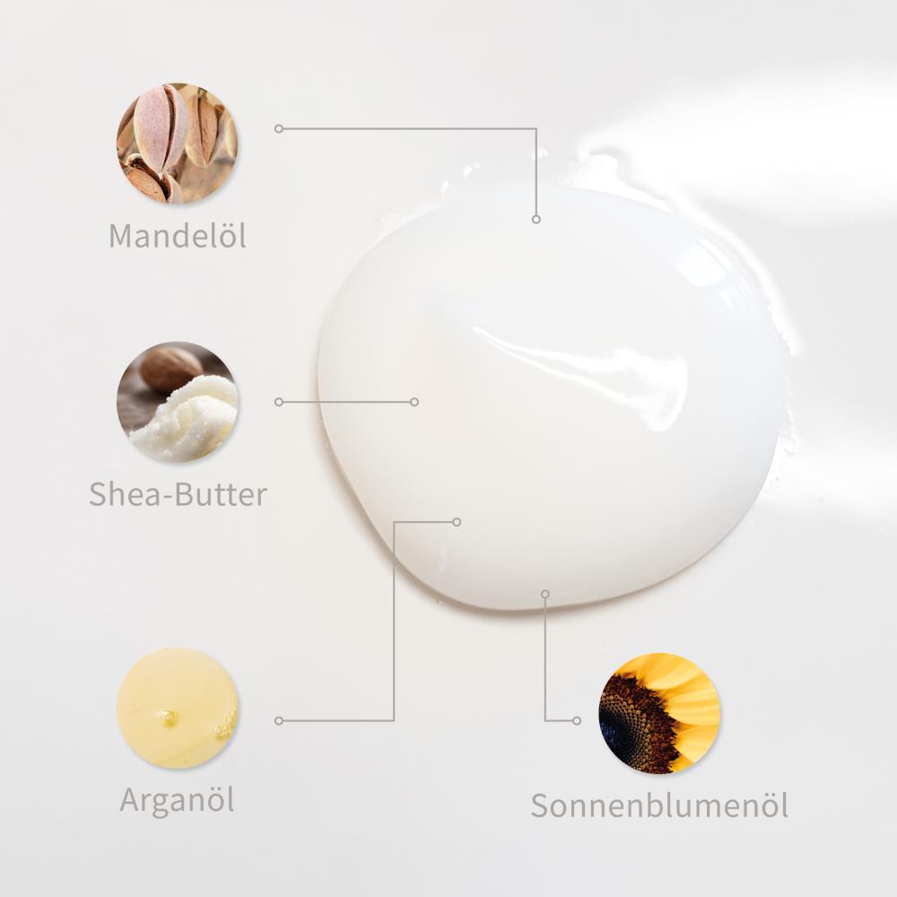 PUR HAIR Inhaltsstoffe: Pflege-Textur mit markierten natürlichen Wirkstoffen Mandelöl, Shea-Butter, Arganöl und Sonnenblumenöl, die intensiv Feuchtigkeit spenden, das Haar nähren und für Geschmeidigkeit sorgen