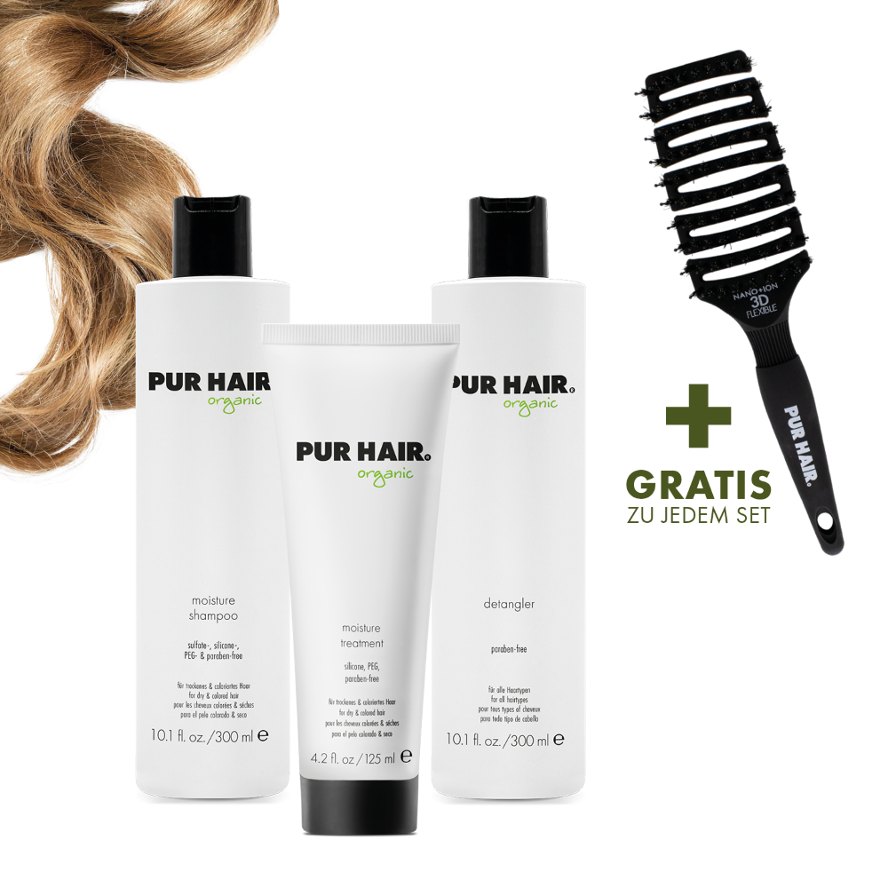 PUR HAIR Organic Pflegeset für naturgelocktes, trockenes Haar, mit Moisture Shampoo 300 ml, Detangler 
300 ml, Moisture Treatment 125 ml und gratis Magic Flex Brush