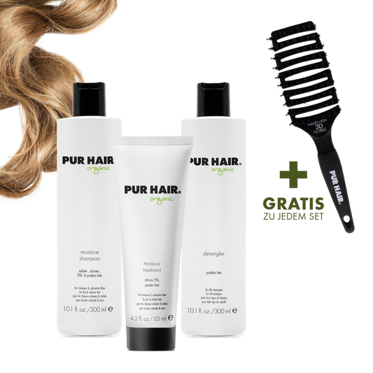 PUR HAIR Organic Pflegeset für naturgelocktes, trockenes Haar, mit Moisture Shampoo 300 ml, Detangler 
300 ml, Moisture Treatment 125 ml und gratis Magic Flex Brush