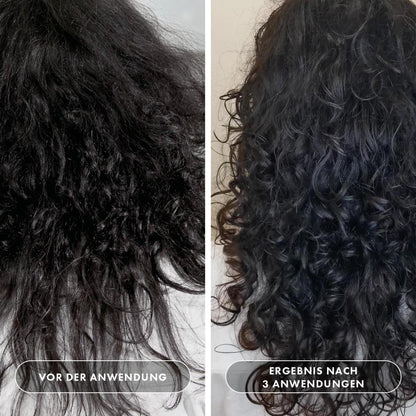 Vorher-Nachher-Vergleich naturgelocktes trockenes Haar: links strohig, kraus und ohne Definition vor der Anwendung, rechts nach 3 Anwendungen sichtbar gepflegt, glänzend, gebündelte Locken mit definierter Struktur